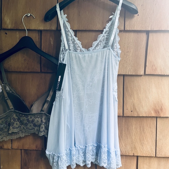 Fashion Nova Set Bundle Sheer Lace Blue Babydoll & Lace Khaki Pullover Bra Sz L - Picture 7 of 16